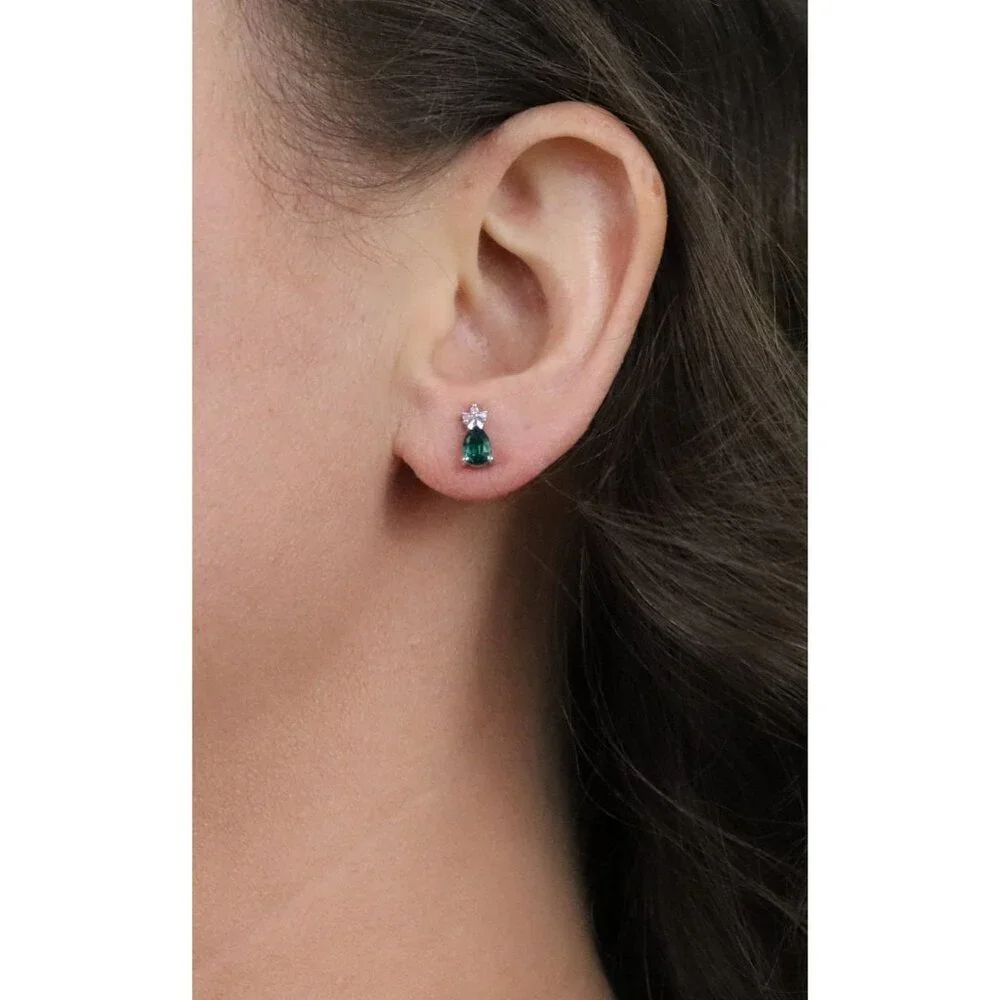 14k White Gold Lab Created Emerald & Diamond Earrings Stud Post Earrings 3/8" - Picture 4 of 9